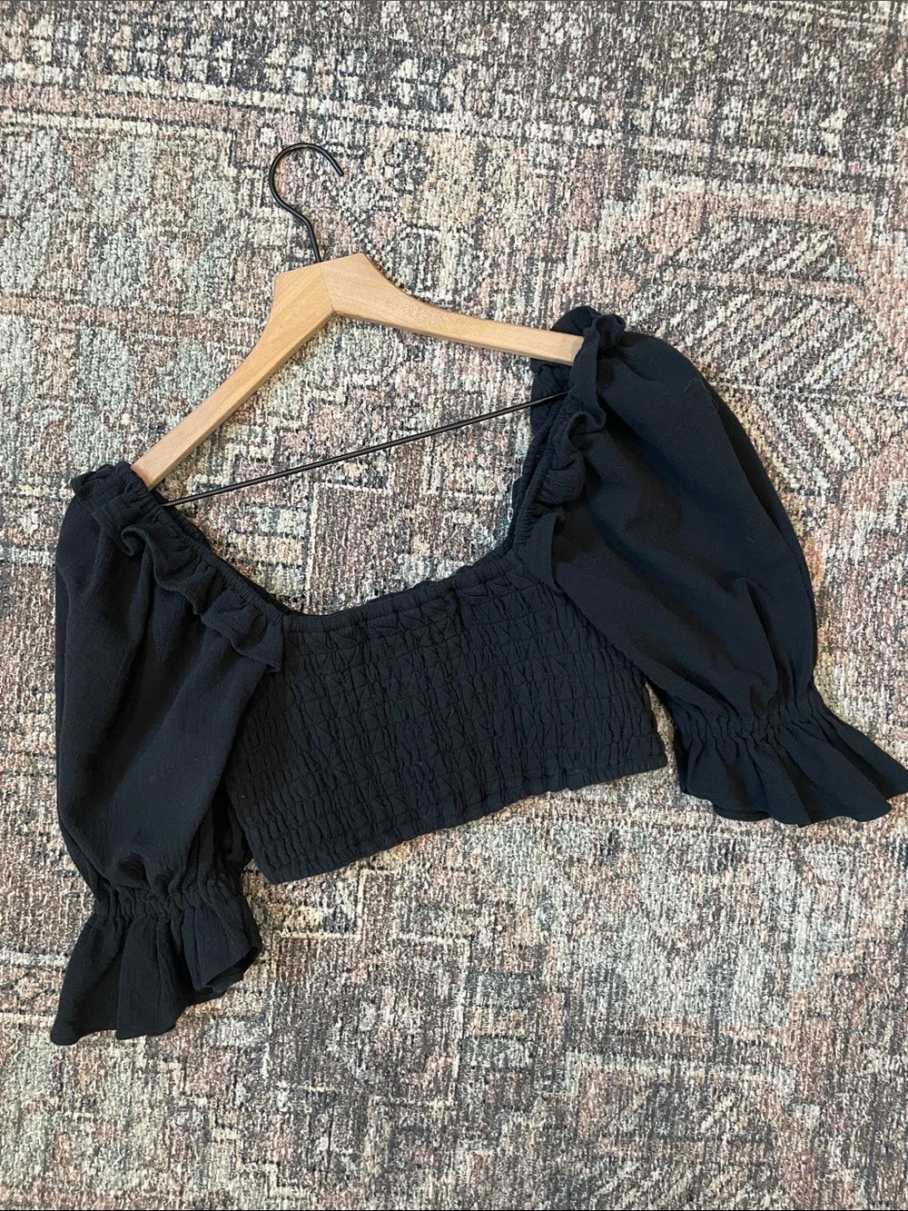 Free People Black Smocked Crop Top Size Small Puff Sleeve Cottagecore Boho